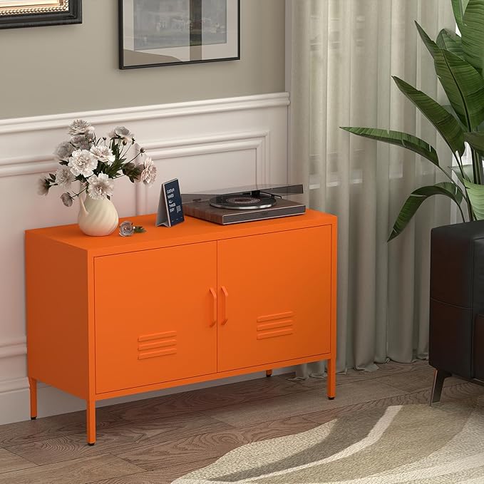 Locker Cabinet,Metal Storage Cabinet with 2 Doors,Morden TV Stand for Living Room,Bedroom,Orange