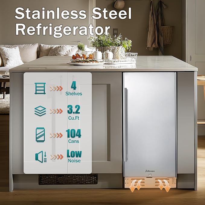 Kalamera Beverage Refrigerator, 15 inch Under Counter Beer Fridge for 104 Cans w/ 32-41℉ Temperature Range, Drink Fridge with Stainless Steel Door…