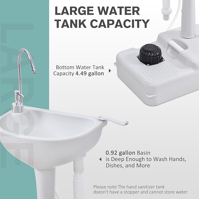 kleankin Portable Camping Sink, Portable Sink Hand Wash Station with 4.5 Gallon (17L) Tank, Rolling Wheels, Soap Dispenser, Towel Holder for RV, Outdoor Events, Gatherings, HDPE, White