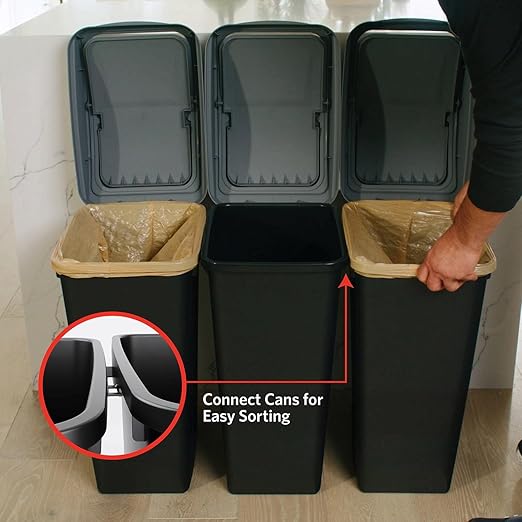 Recycling Bin System, 3-Pack 12 Gallon Containers with Swing Top Lids, Black and White, Odor Protection, Trash Sorting Station with Labels