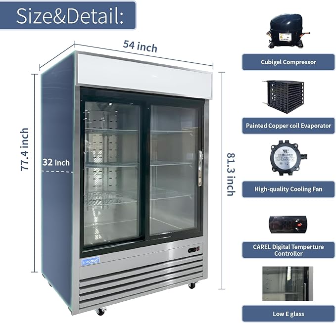 ICECASA 54" W Merchandiser Commercial Display Refrigerator Double Glass Door Reach-in 49 Cu.ft Stainless Steel Display Refrigerator Fan Cooling for Restuarant, Bar, Shop, etc