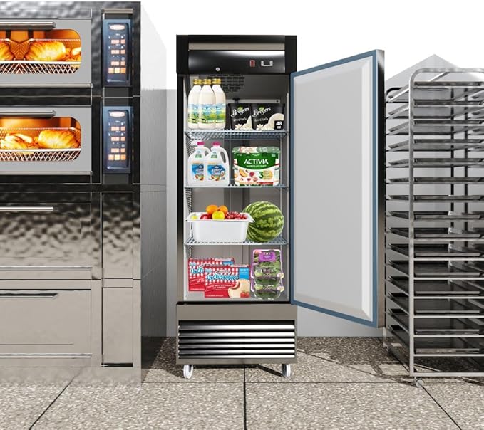 Commercial Refrigerator 1-Door Solid Upright Reach in Stainless Steel NSF 27" Width, Capacity 17 Cuft, Bottom Mounted Restaurant Quality Kitchen Cooler Fridge AKR-06881, NSF Certified