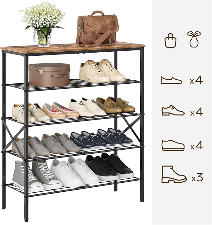 5-Tier Shoe Rack, Shoe Storage for Entryway and Closet, Free Standing Shoe Organizer with Metal Mesh Shelves, 16-20 Pairs of Shoes, Rustic Brown and Black SS05BR
