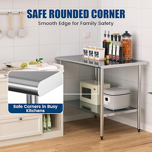 Stainless Steel Work Table 30 x 48 Inch with Adjustable Undershelf, Heavy-Duty Metal Prep Table for Commercial Kitchen & Restaurant, Garage, Outdoor