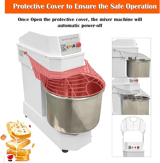 60L Commercial Dough Mixer 220V 3KW Dual Rotating Dough Kneading Machine with Stainless Steel Barrel/Security Cover/Timer Function Electric Stand Spiral Mixer for Restaurant Bakery Pizzeria