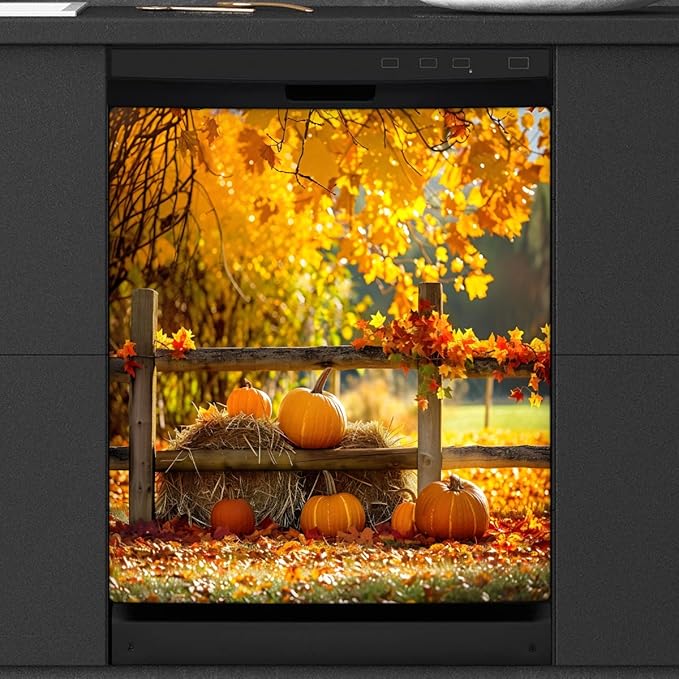 Dishwasher Magnet Cover Front Dishwasher Cover Decoration Reusable Magnetic Door Cover Panel Decal Home Appliances Stickers Kitchen Refrigerator Fridge Fall Orange Pumpkin Maple 23"x26"