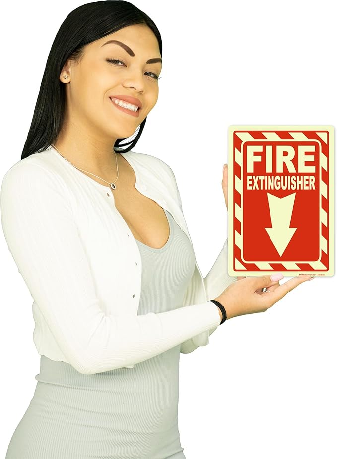 Brimar - 7" x 10" - Fire Extinguisher Sign - 4 Mil Glow-in-the-Dark Peel and Stick Polyester Label - Easy Installation - Versatile Use