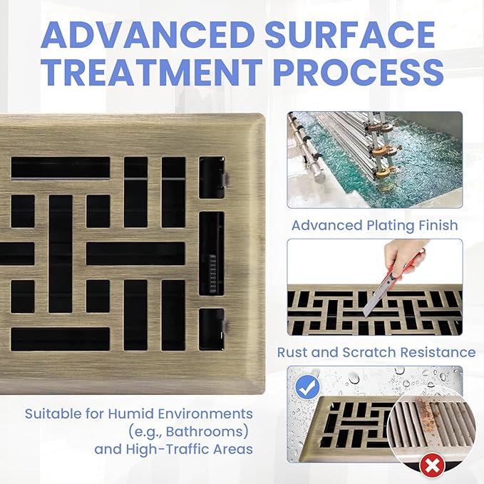 4x10 Inches 6 Pack Heavy Duty Walkable Floor Register - Easy Adjust Air Supply Lever Decorative Floor Vent Covers, Seattle Design Vent Covers for Home - Antique Brass