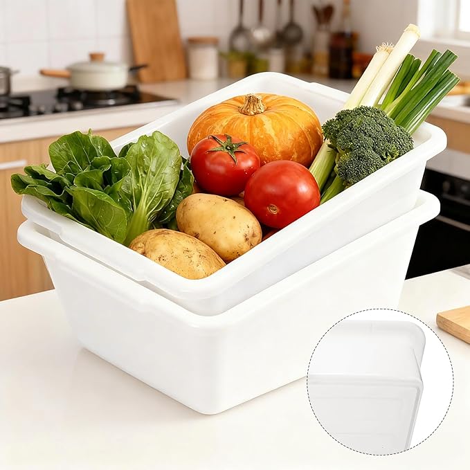 2 Pack Plastic Dish Pans, 12 Quarts White Rectangle Dishpan Basins, Large Capacity Wash Basin Tub with Handles for Kitchen Sink, Bathroom Washing, Soaking and Storage Supplies