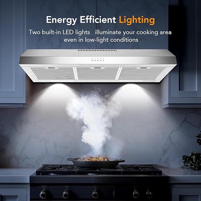 Range Hood 36 Inch Under Cabinet, 600 CFM Ducted/Ductless Vent Hood for Kitchen with Wide Coverage, Stove Vent with Bright LED Lights, Reusable Filters and 3 Speed Exhaust Fan