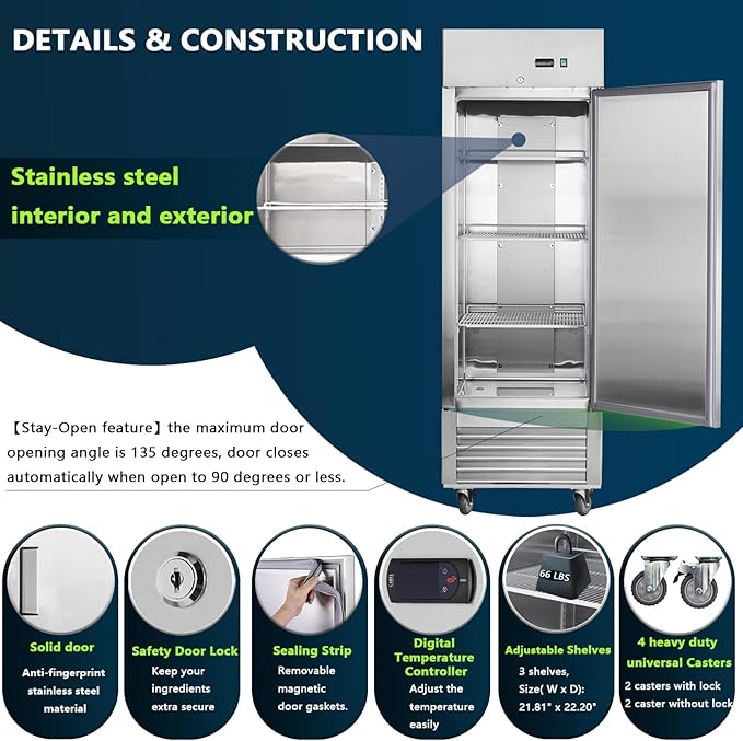 Commercial Refrigerator 27"W Single Solid Door Stainless Steel Interior and Exterior Construction Upright Fan Cooling 18.68 Cu.ft. for Restaurant, Bar, Shop
