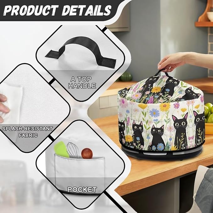 Black Cat Daisy Floral Print Slow Cookers Dust Cover Fit Most 6/7/8 Quart Crock Pot Stain Resistant Air Fryer Cover with Accessory Pocket and Handle Washable