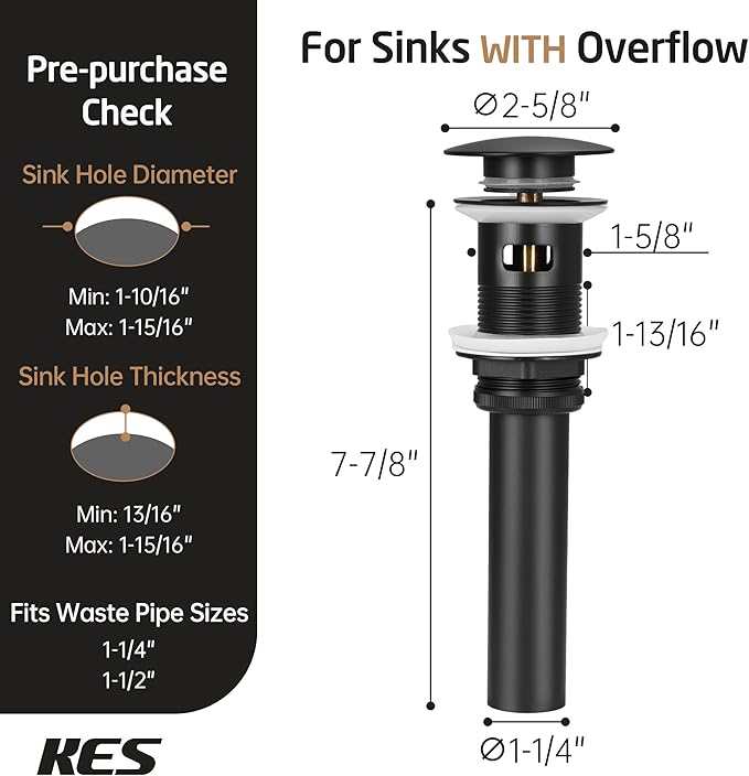 KES Bathroom Sink Drain with Overflow Vessel Sink Stopper Pop Up Drain Assembly Matt Black for 1.6"-1.9" Sink Hole, All Metal Rustproof Brass and 304 Stainless Steel, S2008A-BK