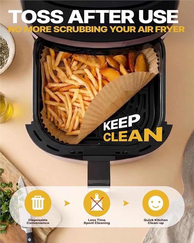 Katbite Air Fryer Liners Disposable - 8 inch Square Non-Stick Airfryer Paper Liners, Unbleached Parchment Paper for 5 to 8 Qt Basket, Frying, Baking, Cooking, Roasting, Easy Cleanup, 130pcs
