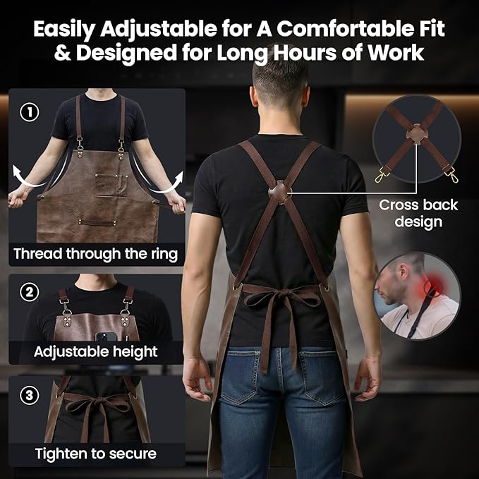 Leather Chef Cooking Apron for Men, Cross Back Apron for All-Day Comfort, Waterproof Apron with Multiple Pockets, Great for Kitchen, Baking, BBQ, Butcher Work or Crafts, Ideal Gift
