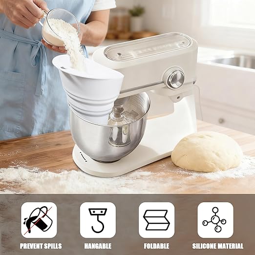 Flour Funnel for Kitchen Mixer，Silicone Funnel with Easy-Pour Attachment Fits 4.5 & 5Quart Tilt-Head Mixers, Easy Clean Durable Mess-Free Baking Accessory ((White,KSM150)
