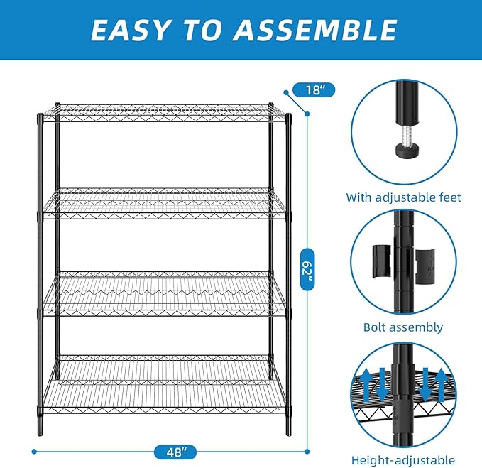 4-Shelf Adjustable Metal Shelf Wire Shelving Unit Heavy Duty Storage Rack Display Shelf for Office,Kitchen,Bedroom,Bathroom,Laundry,Pantry Basement,Garage(Black,48" L x 18" W x 62" H)