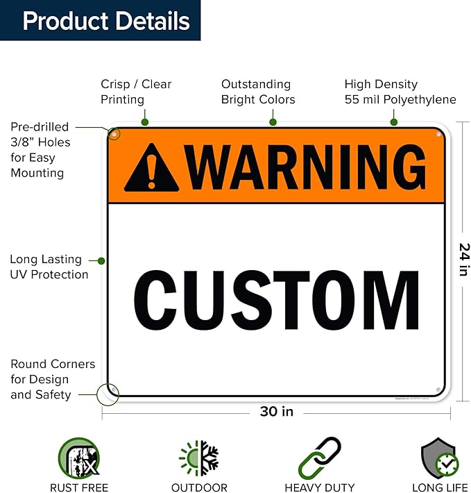Custom warning Sign, Ansi Sign, Osha Compliant, 24x30 Inches, 55 mil thick HDPE (high density polyethylene), Made in USA by My Sign Center