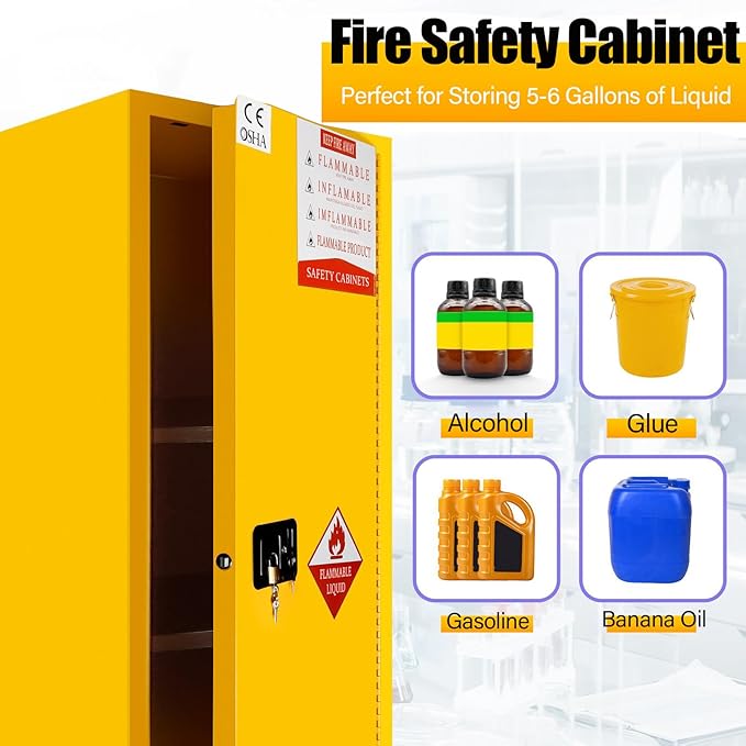 Flammable Safety Cabinet 23" x 18" x 65" Yellow, Cold-Rolled Steel 50 Gallon Explosion Proof Cabinet, 2 Adjustable Shelves & Vent Design for Commercial Garages, Lab & Industrial Facilities