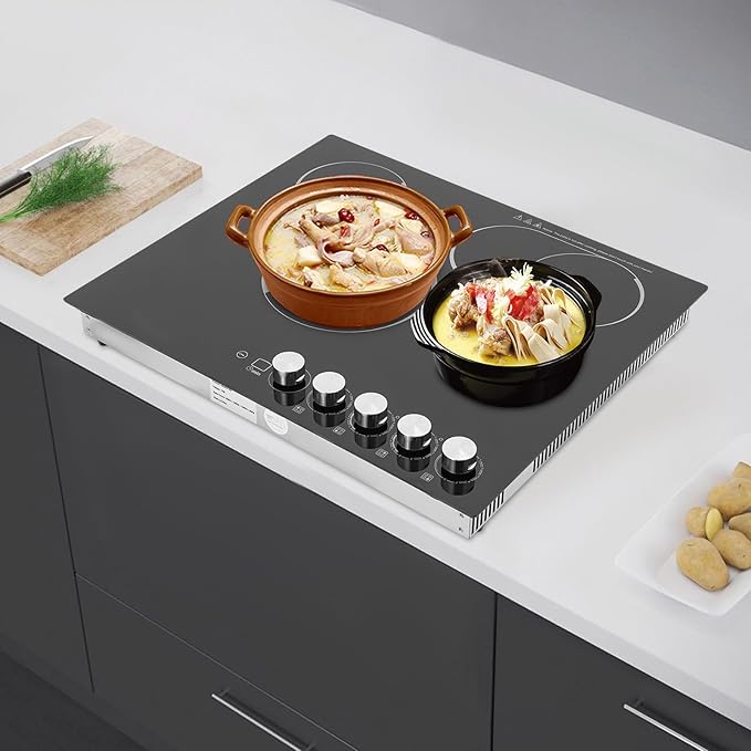 4 Burners 24” Electric Cooktop, 3400W Electric Stovetop, Built-in Induction Stove Top for Home Kitchen, Stainless Steel Glass Ceramic Cooktop with Child Lock