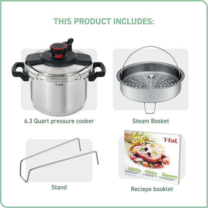 T-fal Clipso Stainless Steel Pressure Cooker, 6.3 Quart, Induction Cookware, Secure Locking System, One Hand System, Recipe Book Included, Pots and Pans, Kitchen, Silver