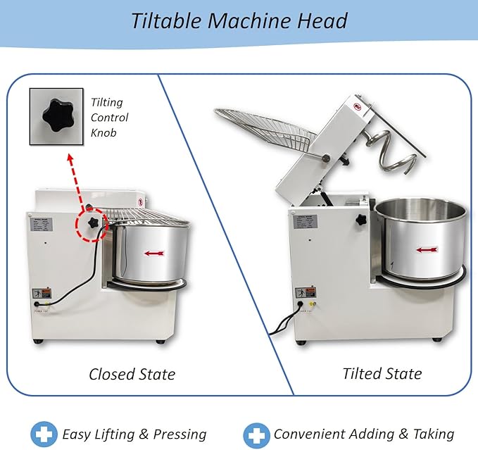20L Commercial Dough Mixer with Dual-Speed Double-Action, 1.1KW Dough Kneading Machine, Stainless Steel Detachable Bowl, for Bakery Pizzeria Restaurant – 17.6 lbs Capacity