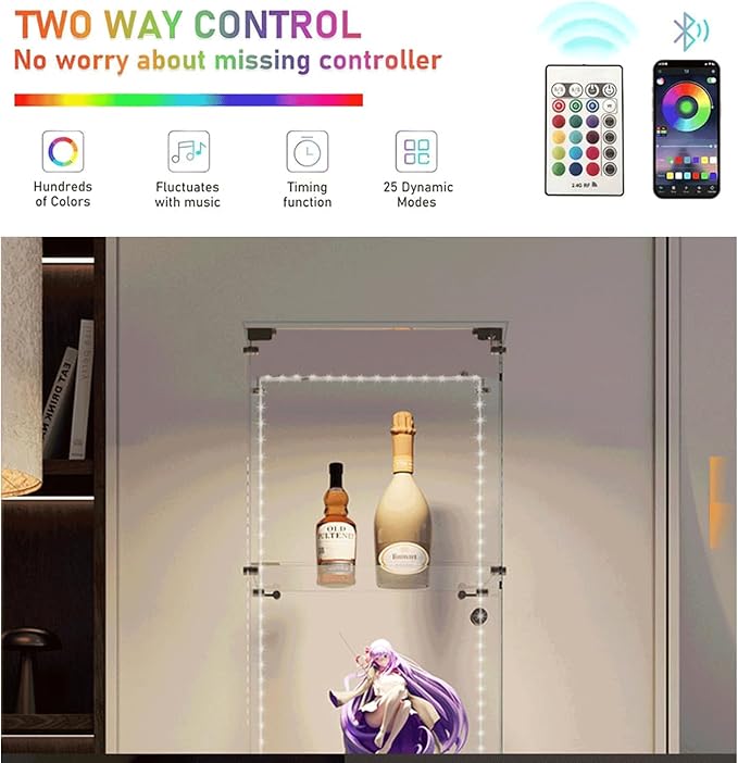 Yoluckea 4 Tiers Glass Display Cabinet with Bluetooth LED Light Strip, 1 Door Floor Standing Curio Cabinet with Universal Wheel for Home Office Display, Black Glass Bookshelf for Collections,Clear Top