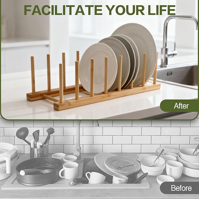 Bamboo Wooden Dish Rack for Cabinets,Plate Organizer for Cabinet Space Saver,Vertical Plate Holder for CabinetsPlates Organizer for Kitchen Cabinets Pot Cutting Board OrganizerDish Storage Rack Stand