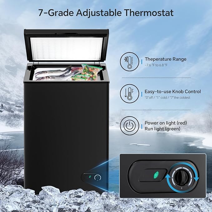 Kismile 3.5 Cubic Feet Chest Freezer with 2 Removable Baskets Free Standing Top Open Door Compact Deep Freezer with Adjustable Temperature for Home/Kitchen/Office/Bar (3.5 Cubic Feet, Black)