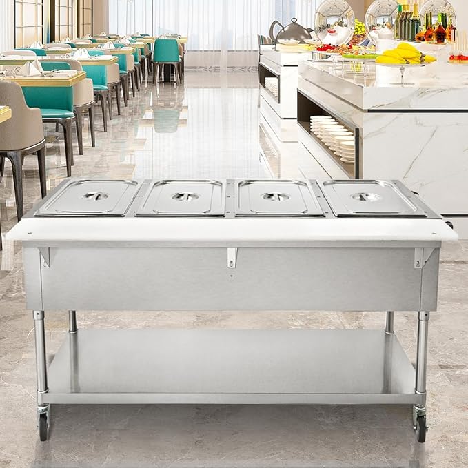 VEVOR Commercial Electric Food Warmer, 4-Pot Steam Table Food Warmer 0-100℃ w/ 2 Lockable Wheels, Professional Stainless Steel Material for Catering and Restaurants
