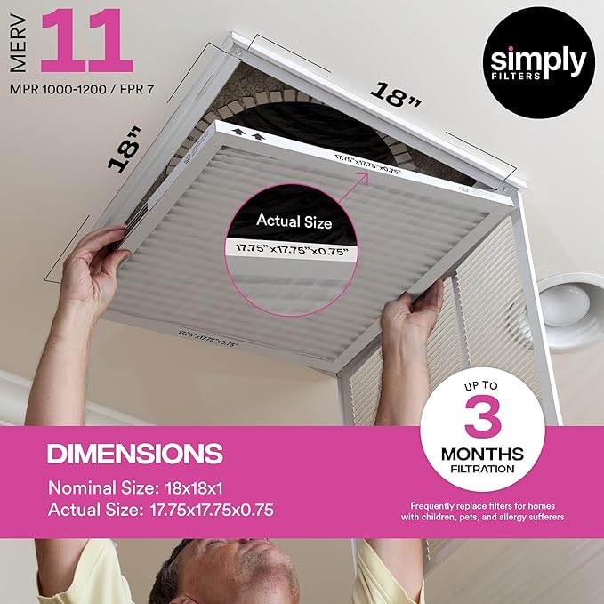 Simply 18x18x1 Air Filter, Merv 11, 6 Pack, For Home AC Furnace & HVAC (Actual Size: 17.75"x17.75"x0.75") DUST, Pet, & Allergy Control