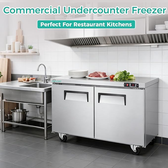 60" Commercial Double Door Worktop Refrigerator, 17 Cu.ft Stainless Steel Prep Table Fridge, R290 Heavy-Duty Undercounter Cooler