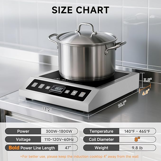 AMZCHEF Induction-Cooktop-Commercial: 1800W Induction Burner with Large 8" Heating Coil, Portable Hot Plate with 8 Temperature & Power Levels, LCD Screen & 10 Hour Timer