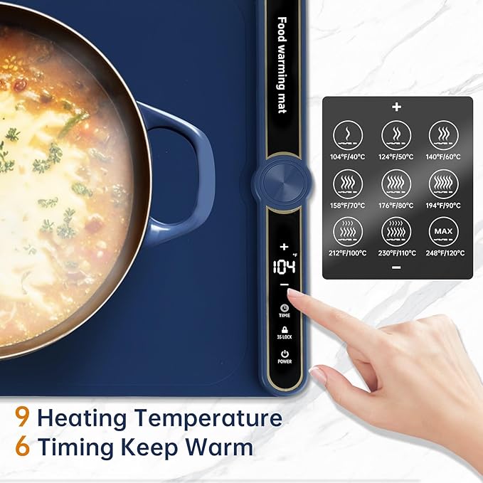 Food Warming Mat - Fast Heating Silicone Electric Warming Tray with 9 Level Temperature, Raised Feet Protects Table, Roll Up Buffet Hot Plates Heat Pad, Portable Food Warmer for Parties Home Travel