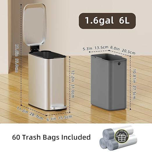 Small Bathroom Trash Can with Lid Soft Close, Step Pedal, 6L / 1.6 Gal Stainless Steel Garbage Bin with Removable Inner Bucket, Slim Wastebasket for Narrow Spaces (Silver)