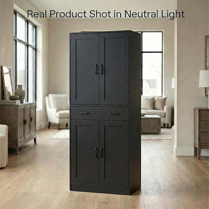 71" Tall Kitchen Pantry Cabinet, Freestanding Storage Cabinet with Drawer and 4 Doors, Large Black Utility Floor Cupboard with Adjustable Shelves for Dining Room, Bathroom, Home Office