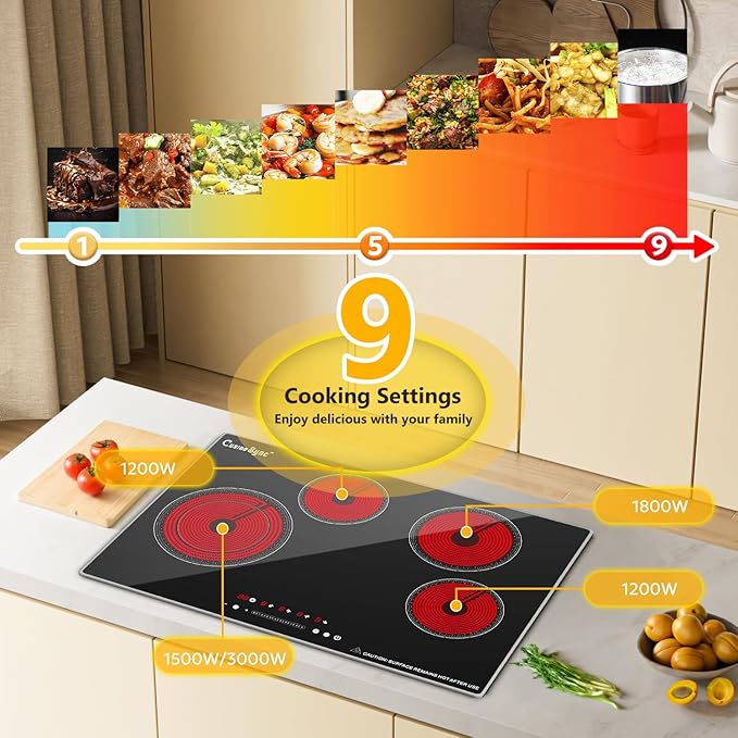30 Inch Built-In Radiant Electric Cooktop, 4 Burner Smoothtop Stove Top with Expandable Dual Zone, 7200W 240V Hardwired Touch Control, 9 Power Levels, Timer, Child Lock & Hot Surface Indicator