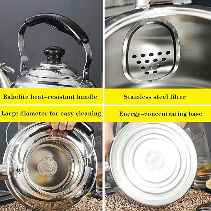 Tea kettle, 2.1 Quart Food Grade 304 Stainless Steel Tea Kettle for Stove top Whistling Teapot with Cool Touch Ergonomic Handle, Suitable for All Heat Sources(2L)