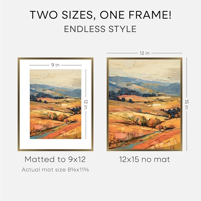 Homeforia 12x15 Picture Frame Bronze, High End Metal 12x15 Brass Poster Frames with Mat 9x12 Photo, 12 x 15 Bronze Frame Matted to 9 by 12 Print, 15by12 Thin Frames, Tempered Glass, Wall Kit, Set of 1