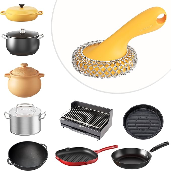 SUBEKYU Cast Iron Scrubber with Silicone Handle, Stainless Steel Skillet Cleaner for Cast Iron Pans (Yellow)