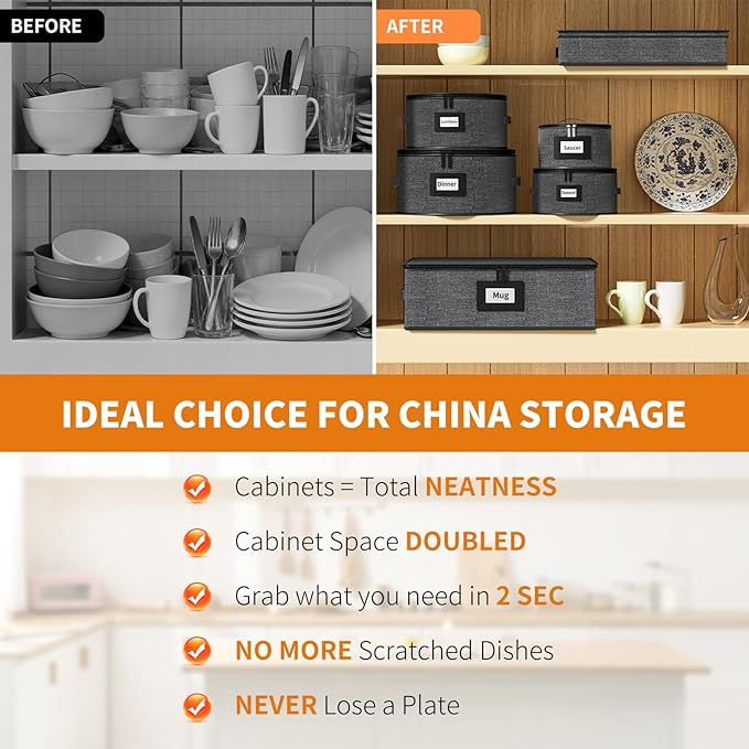 Aokeyee 6-Piece China Storage Containers Set, Hard Shell Moving Boxes for Dishes, Plates, Mugs & Flatware – Dinnerware Organizer with Soft Dividers, Sturdy Handles & Zippers, Grey