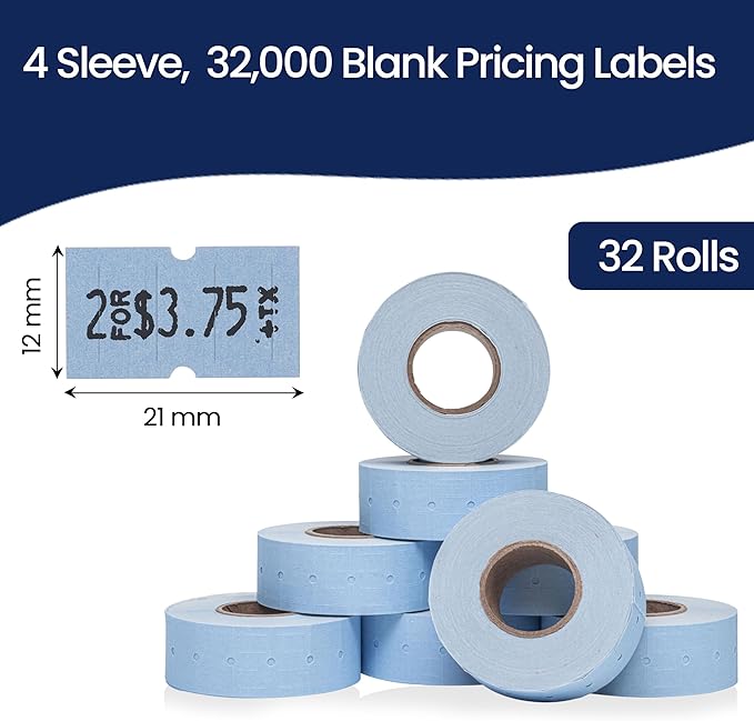 Perco 1 Line Blue Labels - 32 Rolls, 4 Sleeves, 32,000 Blank Price and Date Gun Labels for Perco Lite, X, Plus and Pro 1 Line Price and Date Guns - Made in USA