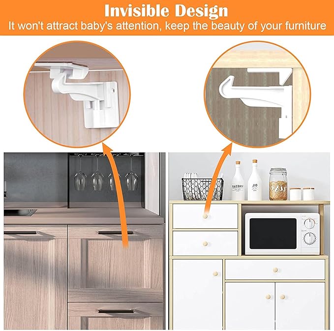 16 Pack Upgraded Invisible Baby Proofing Cabinet Latch Locks - No Drilling or Tools Required, Children Proof Cupboard Drawers Latches, Works with Most Cabinets and Drawers - Adhesive Easy Installation