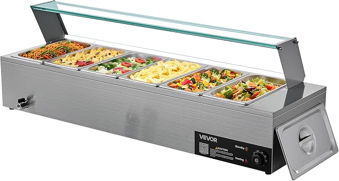 VEVOR Commercial Food Warmer, 1500W Electric Stainless Steel Steam Food Warmer with Glass Cover, 6 x 1/3 Size Pans Buffet Bain Marie with Soup & Perforated Ladles, for Catering, Restaurant & Party