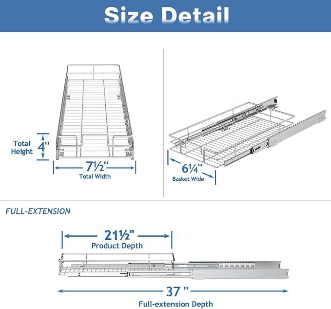 ROOMTEC Pull Out Cabinet Organizer, Cabinet Pull Out Shelves 7½" W x 21½" D, Heavy Duty Cabinet Drawers Slide Out Kitchen Cabinet Organizers Storage Shelf