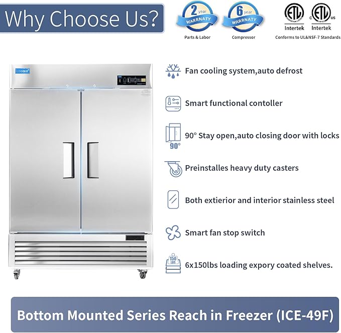 ICECASA 54"W Commercial Freezer Reach-in 49 Cu.ft 2 Solid Door Stainless Steel Commercial Freezer Fan Cooling for Restuarant, Bar, Shop, etc