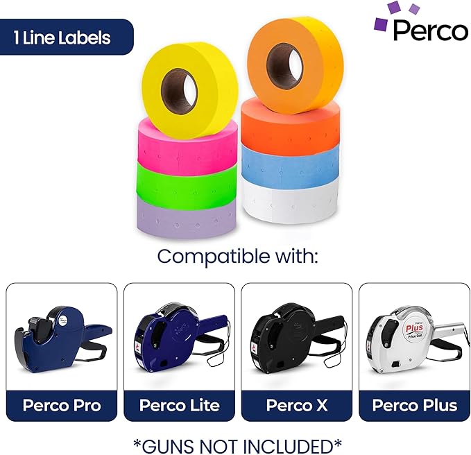 Perco 1 Line Multicolored Sleeves—80 Rolls, 10 Sleeves, 80,000 Labels for Perco Lite, X, Plus & Pro Guns—Includes White, Yellow, Blue, Lavender & Fluorescent Colors (Red Green Pink Orange)—Made in USA