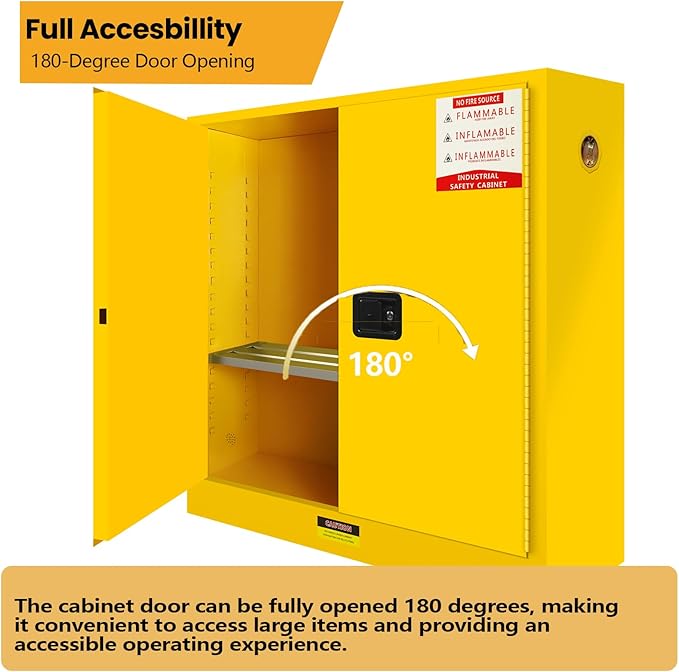 170 Gallon Galvanized Steel Flammable Storage Cabinet, 53" H x 46" D x 21" W Fireproof Cabinets Adjustable Shelf 2 Manual Closing Doors, 3 Point Locker Cabinet for Industry and Home Use Yellow