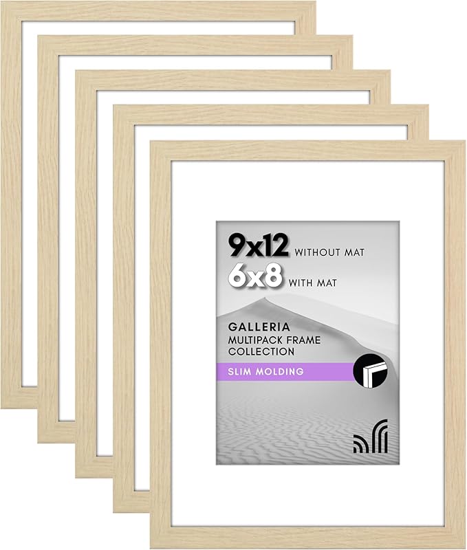 Americanflat 9x12 Picture Frame with Polished Plexiglass - Set of 5 - Use as 6x8 Frame with Mat or Display 9x12 Photo Without Mat - Galleria Collection - Picture Frames for Wall Display - Natural Oak