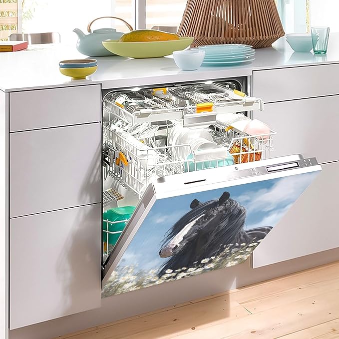Black Horse Daisy Flowers Dishwasher Magnet Cover for Front Panel Magnetic Dishwasher Cover Decorative Refrigerator Magnet Covers Appliances Stickers for Kitchen Home Decor, 23" x 26"